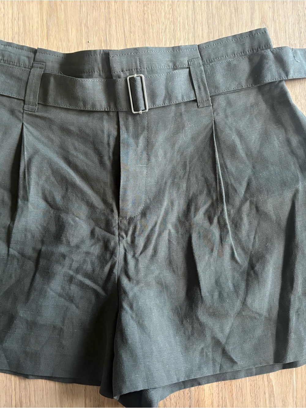 Women’s Olive Green Paper Bag Belted Shorts